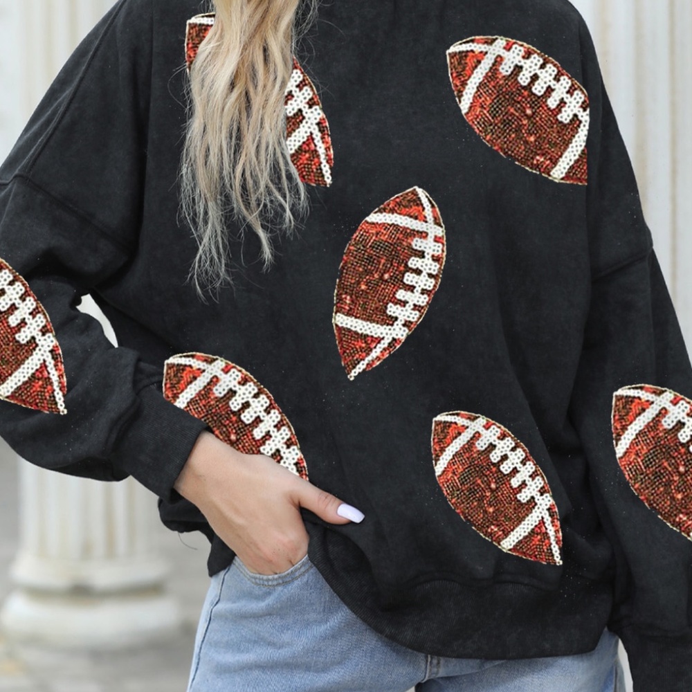 Black Football Sparkle Crew Neck Sweater Game Day Sweater - Picture 2 of 5